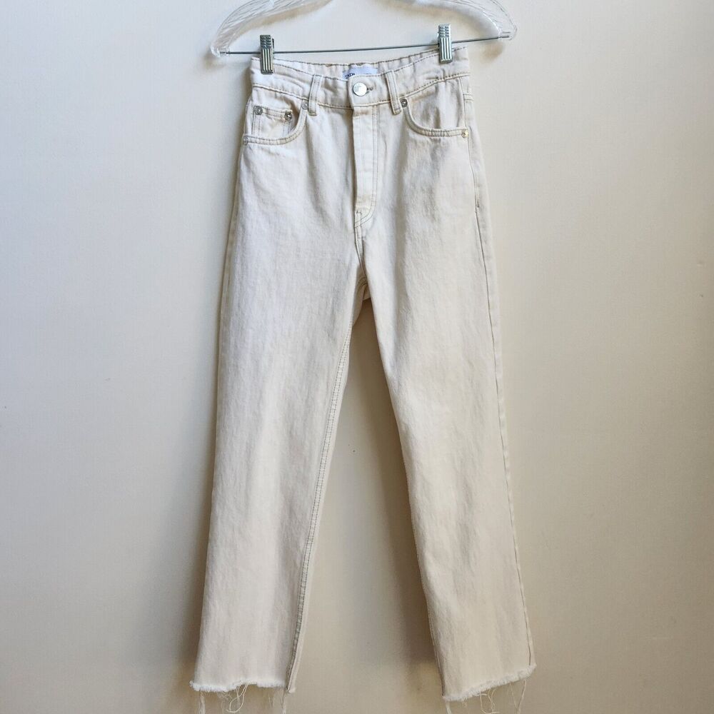 Zara Jeans Women's 00 Tan Raw Hem Button Fly High Rise Straight Leg Retro Chic